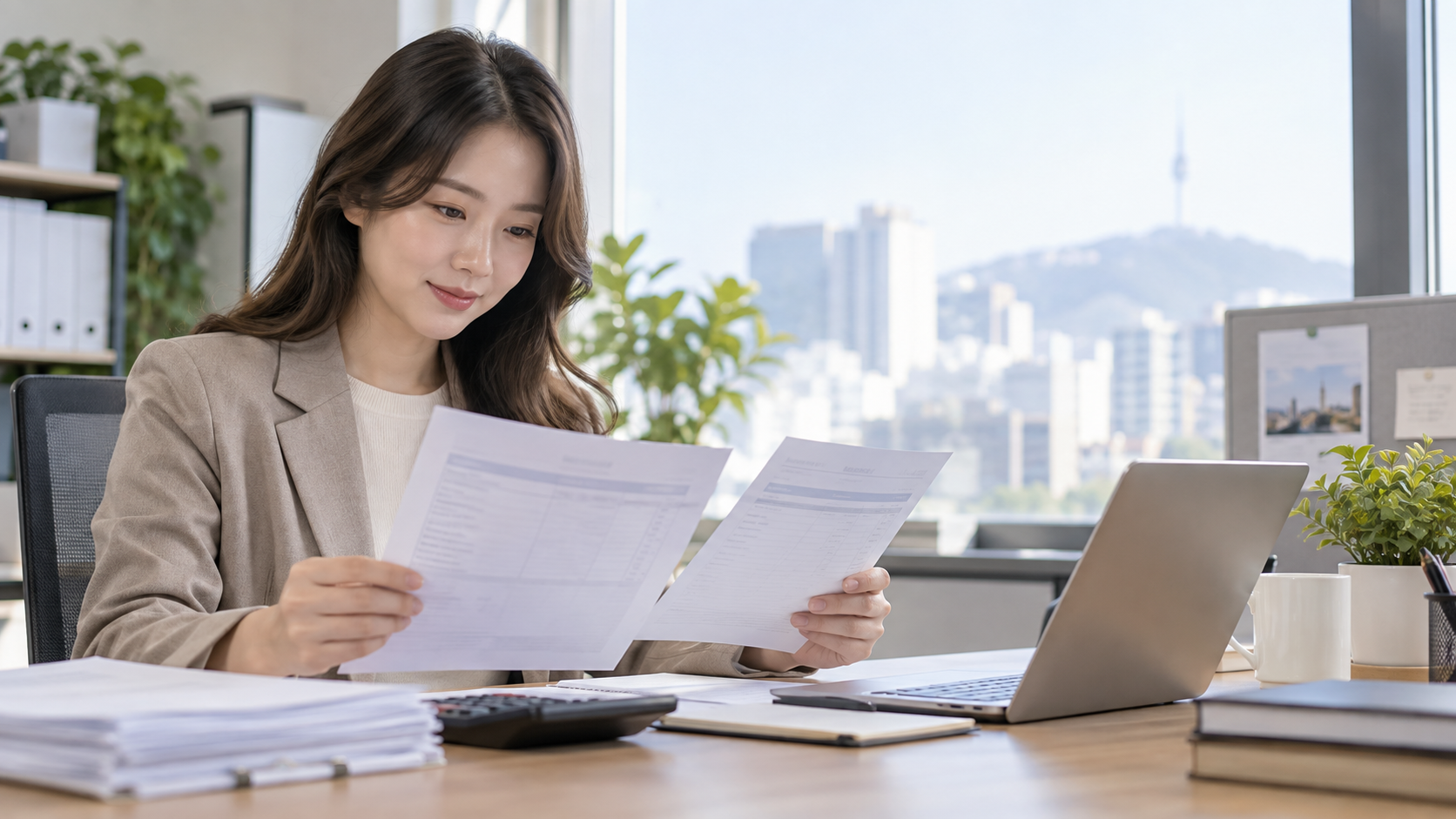 고용보험과 급여명세서를 확인하는 직장인