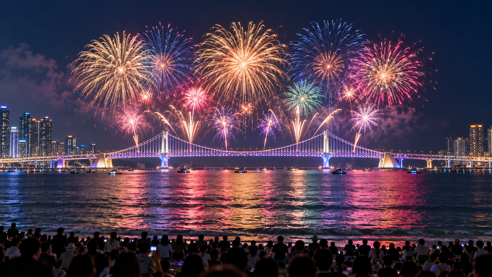 광안대교와 부산 밤바다 위로 펼쳐지는 화려한 불꽃축제 풍경