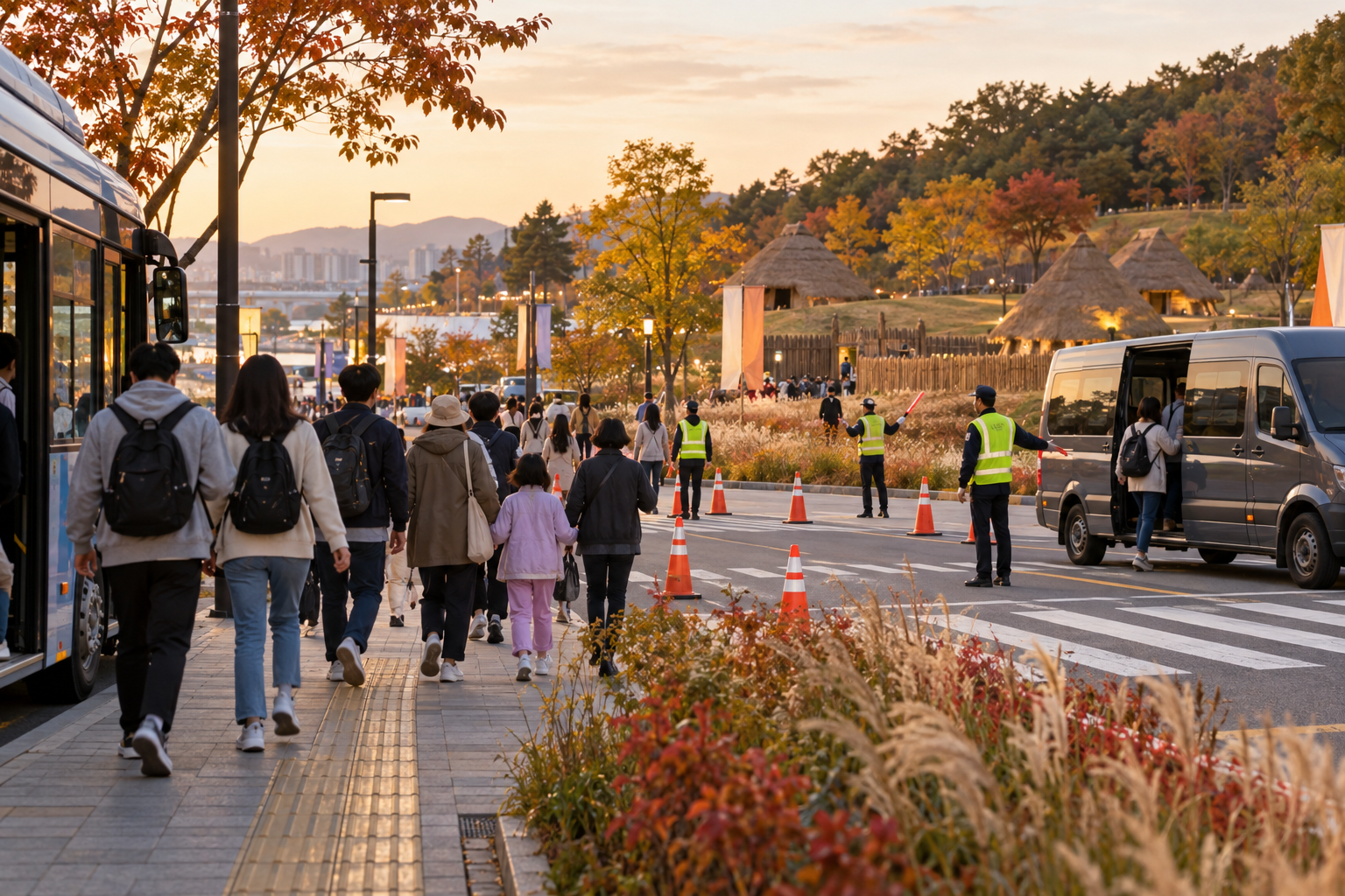 교통통제 기간 대중교통과 임시차량으로 강동선사문화축제에 가는 방문객