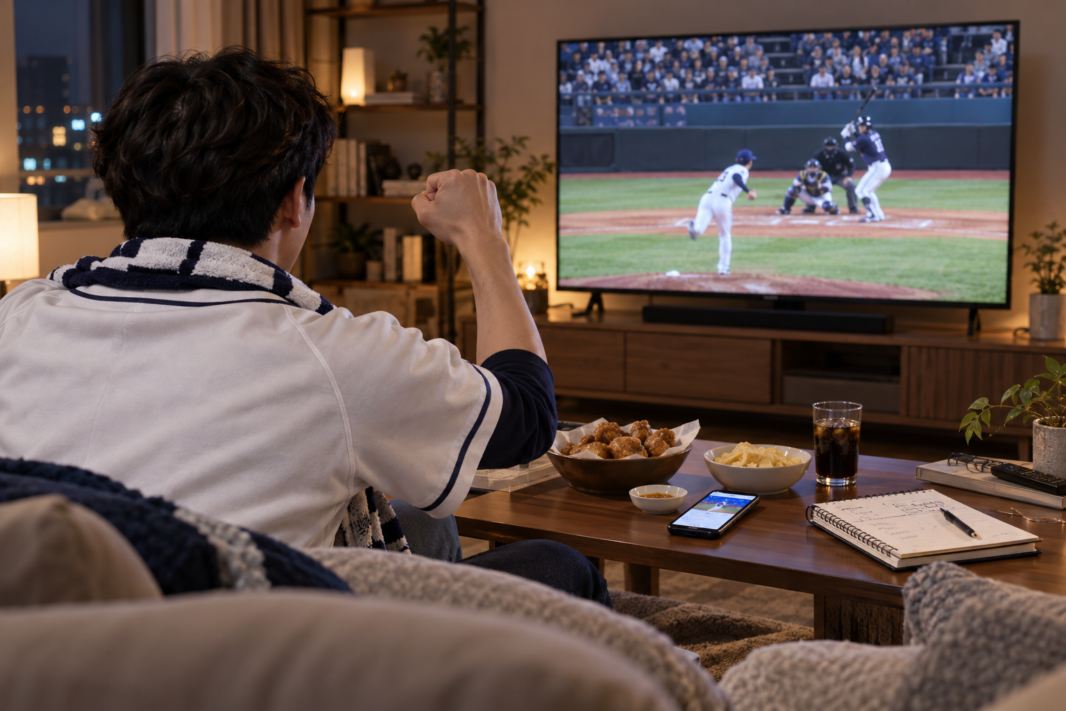 거실에서 TV로 2026 KBO 포스트시즌 중계를 시청하는 야구 팬