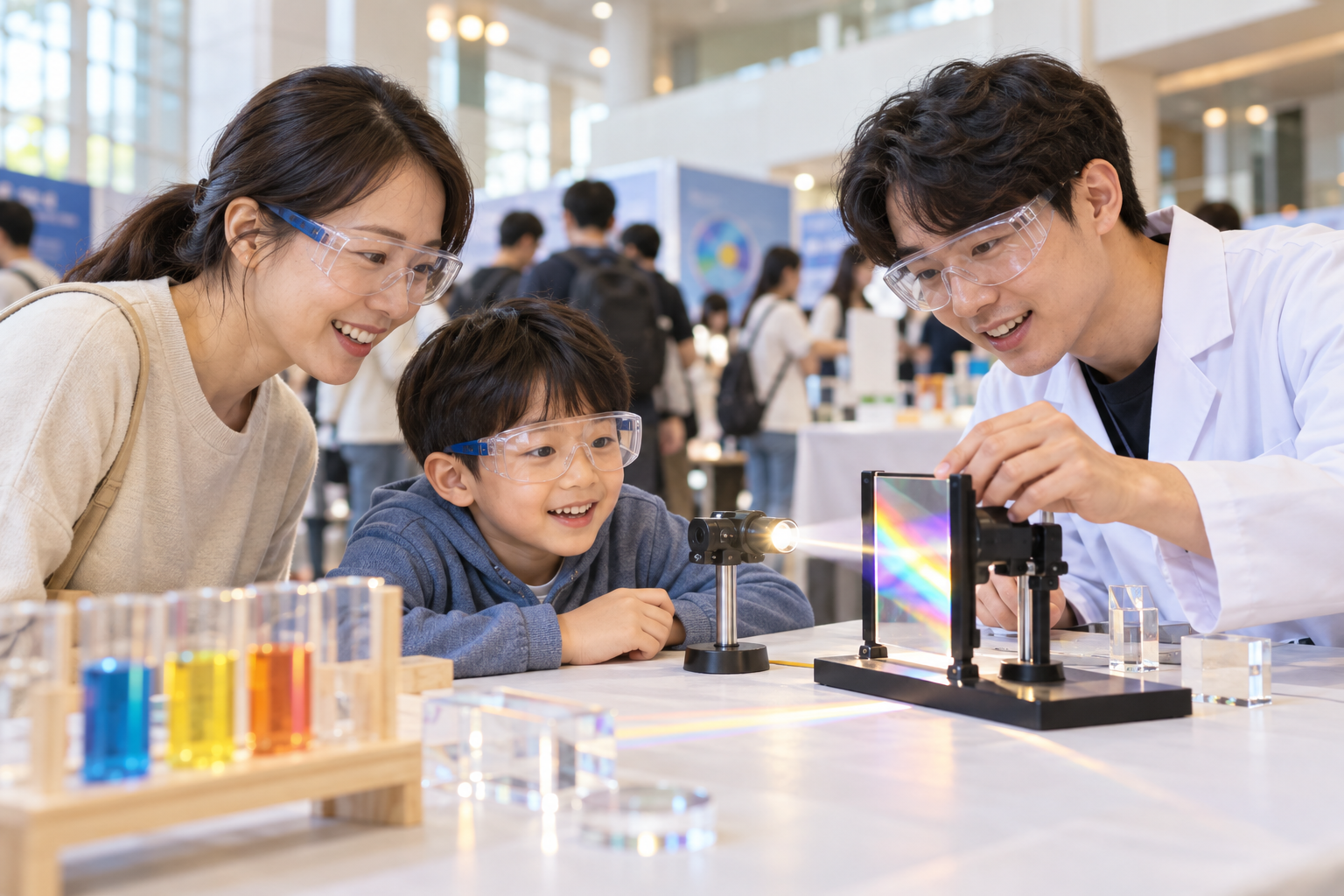 과학축제에서 보호자와 어린이가 빛의 원리를 체험하는 모습