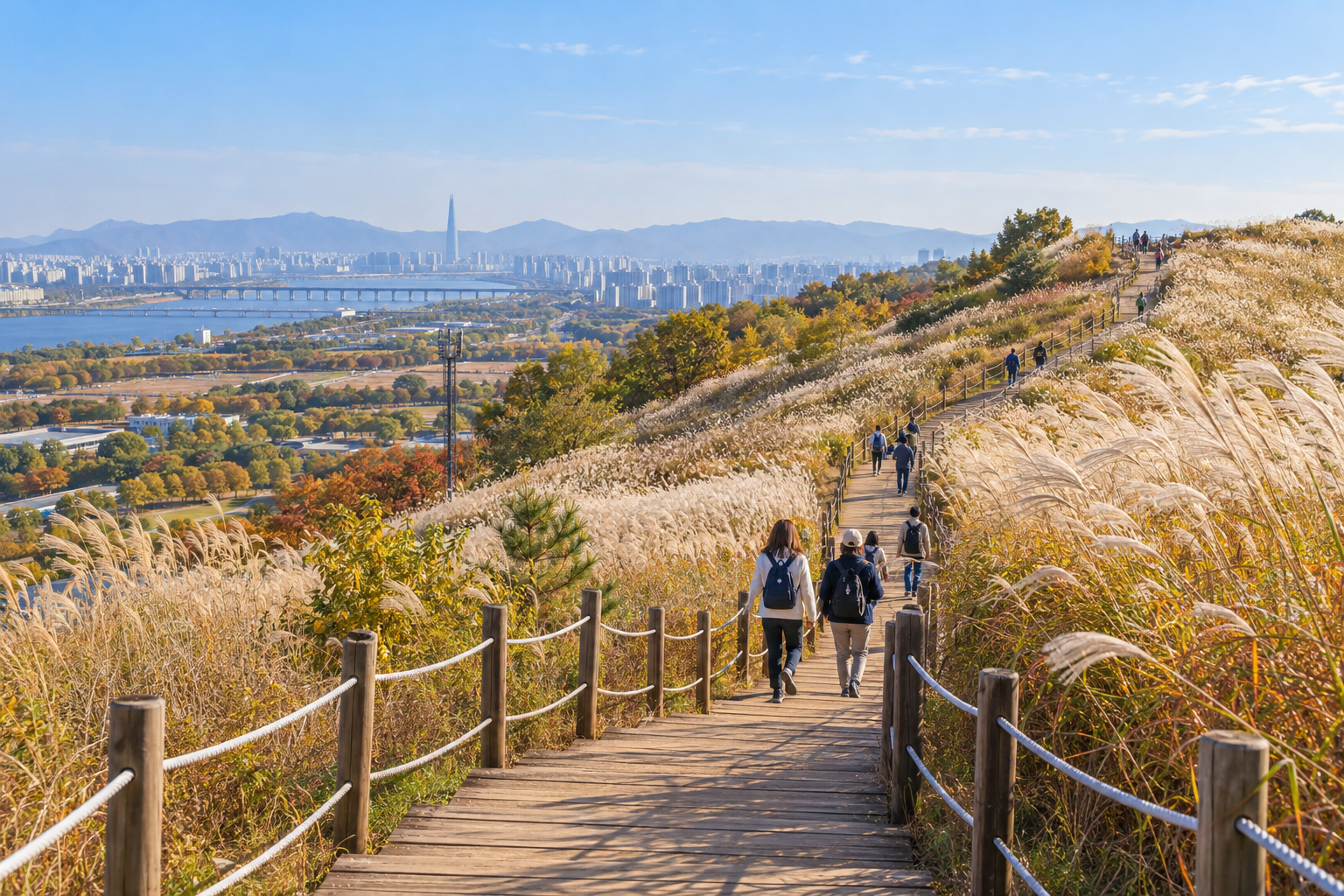 하늘공원 억새밭 사이 산책로를 따라 이동하는 방문객
