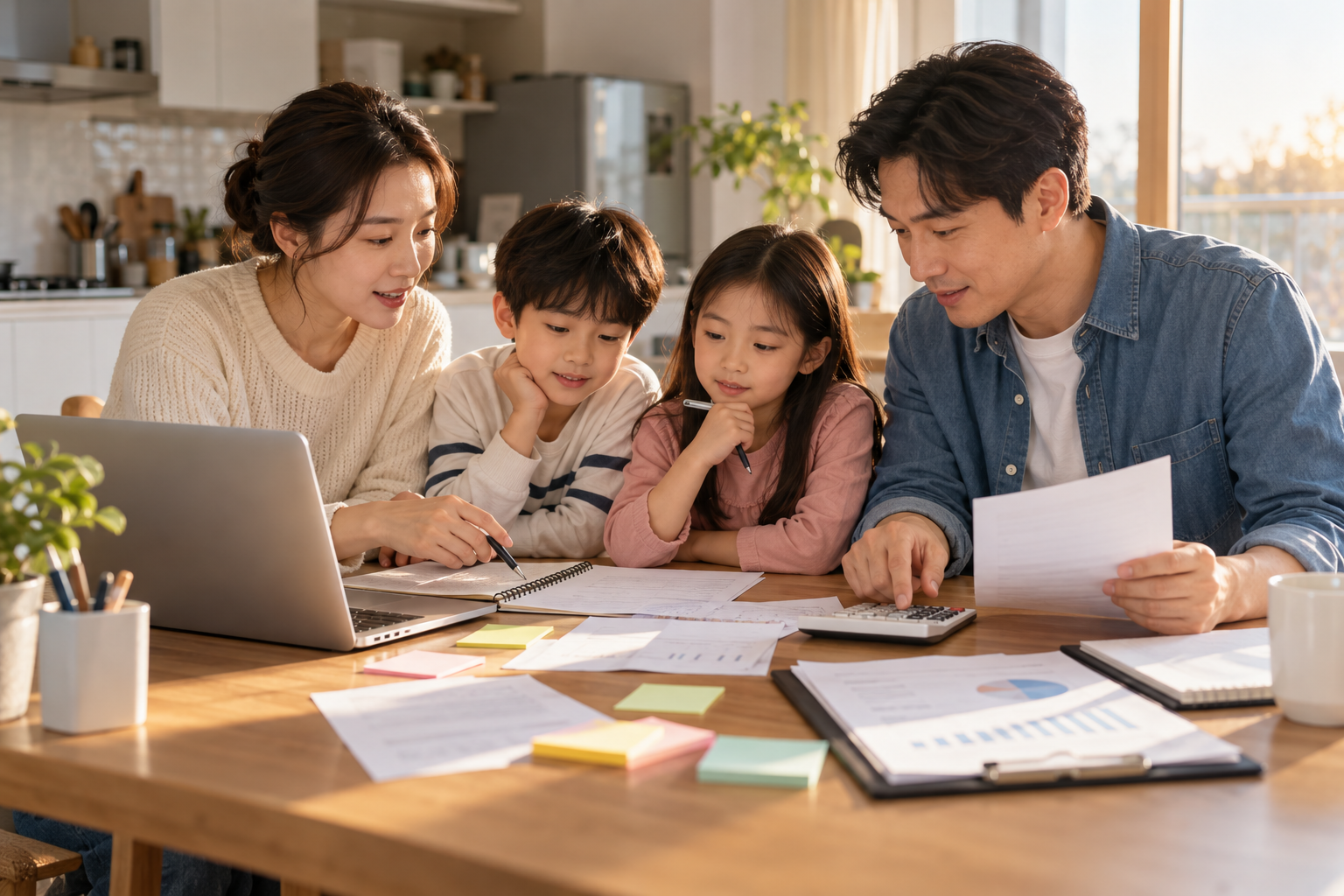 4인 가족이 2027년 기준 중위소득과 가계 지출을 함께 점검하는 모습