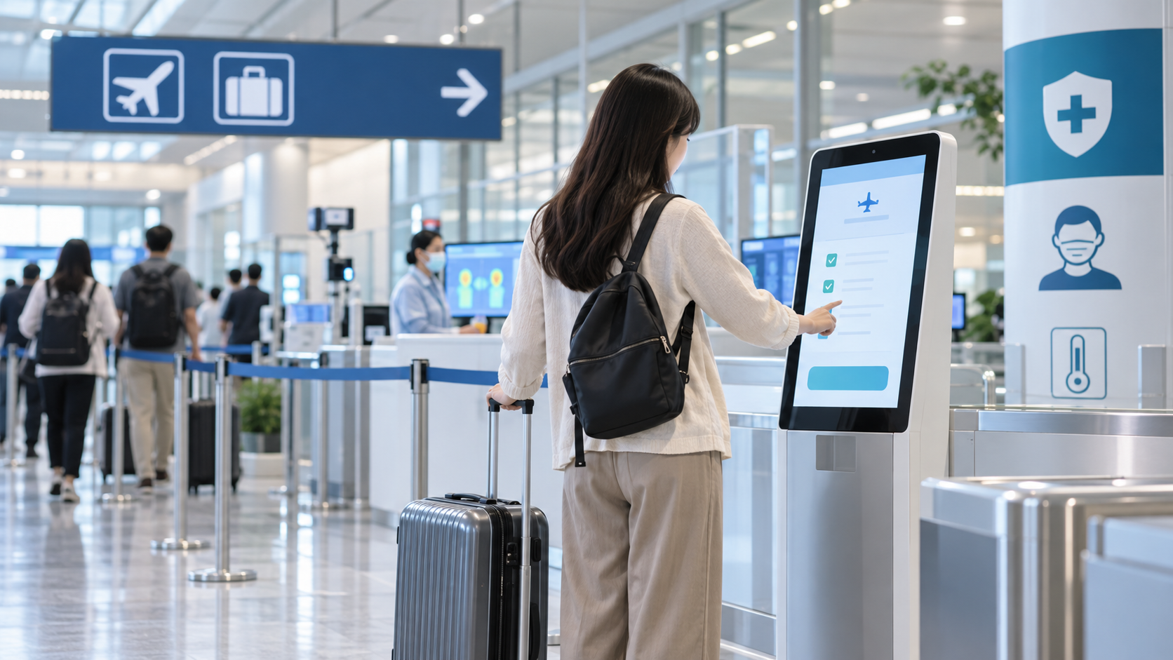 귀국 여행자가 공항 검역 구역에서 전자 건강상태 신고 정보를 확인하는 모습